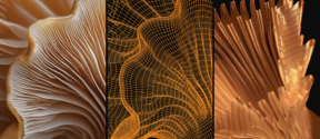 Triptych of golden mushroom gills, a central orange wireframe, and abstract ridged forms on black.