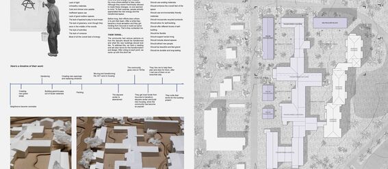 An architectural plan with text descriptions, timeline, and scale models showing the layout of a building project.