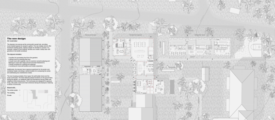 Architectural site plan with text on left. Numerous buildings surrounded by trees and pathways. Interior layouts visible. Picture is in black and white.