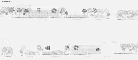 Two architectural site sections showing different buildings and trees. Pictures in black and white.