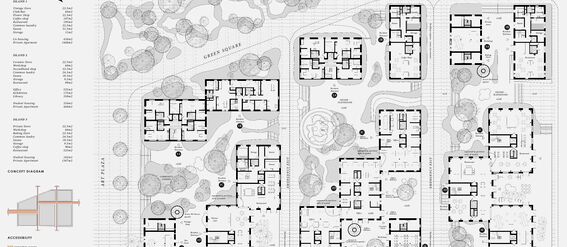 Black and white ground floor plans of buildings showing outdoor spaces and trees. Including concept diagrams and section drawing.