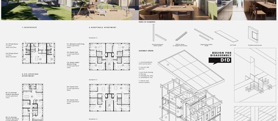 Architectural design collage showing different floor plans, assembly parts and order (Design for Disassembly), and rendered images of a residential area and interior spaces.