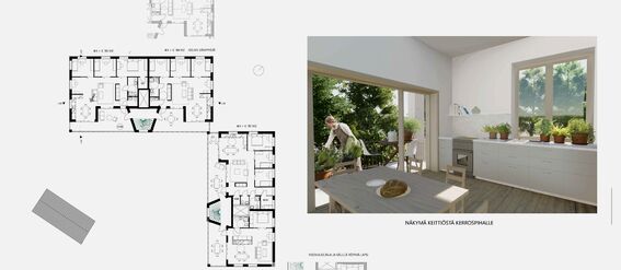 Apartment floorplan showing layouts and a kitchen view with a large window overlooking a garden.