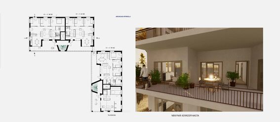 The image shows building floor plans and a rendered balcony view with outdoor furniture and plants.
