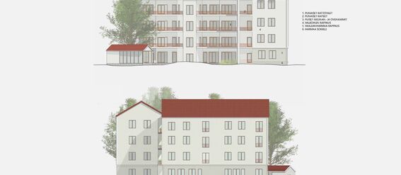 Elevations of a four-storey building with red roofs, featuring balconies and an adjacent smaller structure.