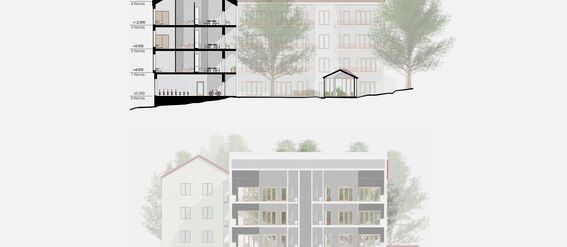 Two section drawings of residential buildings with four floors each. Trees and a small building in the background.