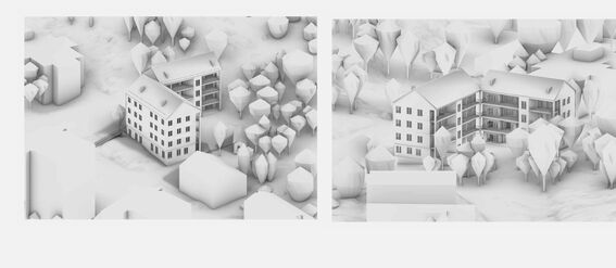 Two white 3D-rendered buildings with balconies, surrounded by trees. Pictures from both sides of the buildings.