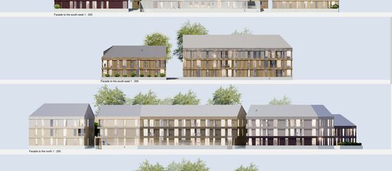 Architectural plans showing facades of a modern wooden building from different angles, with trees in the background.