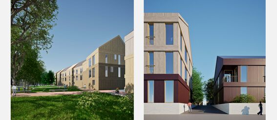 Two architectural visualisations show modern residences with green spaces, one from a courtyard view and the other from a street view.