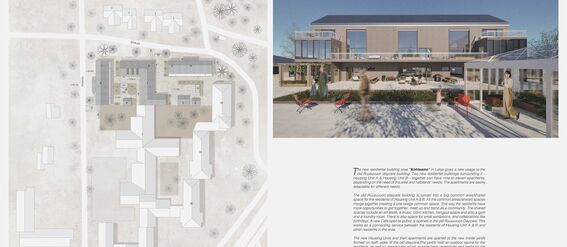 A residential building project called 'Kohtaamo' featuring a site plan and a rendering of the building and communal courtyard with seating areas.