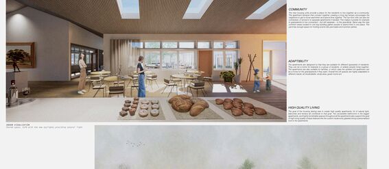 Modern cafe interior with wood panelled ceiling, skylights, tables, people, and an assortment of baked goods on the counter. Below an area section .