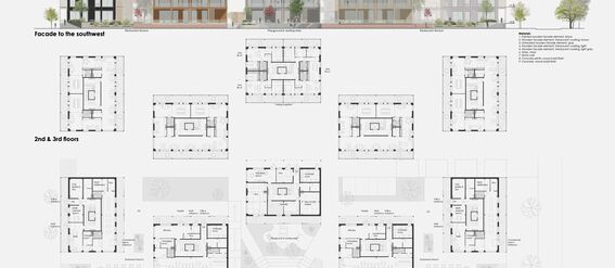 Architectural plan showing facade, ground floor and upper floor layouts of multi-use buildings with greenery around.
