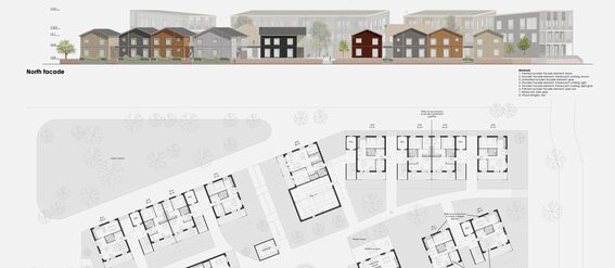 A plan and elevation drawing of two-storey buildings with various coloured facades and a ground floor architectural layout.