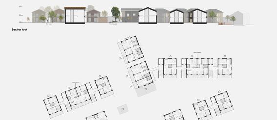 Architectural plans and section A-A of two-storey buildings with detailed black and white second-floor layouts.