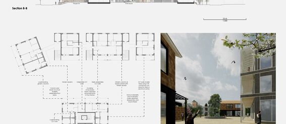 Architectural plan with building section B-B, floor layouts with information about structures and DfD, and an exterior view towards the castle, featuring buildings, people and trees in a square.