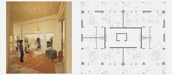 Image shows a cosy apartment interior with wooden walls and a group of people. Next to it is a detailed apartment floor plan.