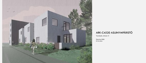 Architectural rendering of modern townhouses with large windows and greenery. Text mentions the address and course details. 