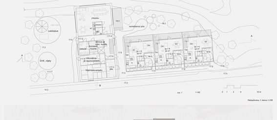 Architectural site plan with building layouts, outdoor areas, and side elevation of residential complex in a landscaped area.