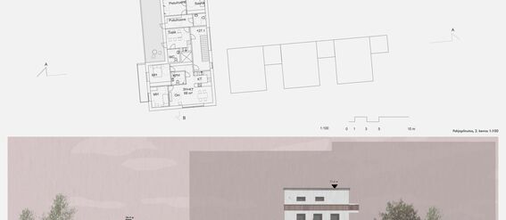 Architectural drawing with floor plans and elevation view. Trees and buildings are depicted on the elevation. Elevation is in shades of purple. 