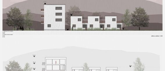 Architectural elevation and section of a residential area with hills on a background, featuring trees and modern buildings. The elevation is in shades of purple. 