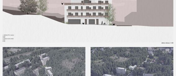 Architectural elevation of a white multi-storey building with trees nearby. Below are aerial views of a residential area with similar buildings.