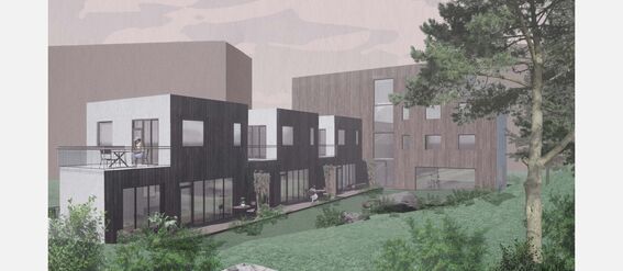 Modern residential buildings with large windows, surrounded by greenery and trees, under a pastel pink sky.