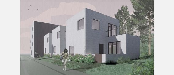 Modern, two-storey white brick house with large windows and bushes in front. Background features more houses and trees. Under pink cloudy sky. 