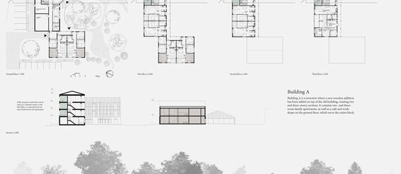 Architectural layout of Building A showing ground, first, second, and third floors; sections and a rendered elevation with greenery.