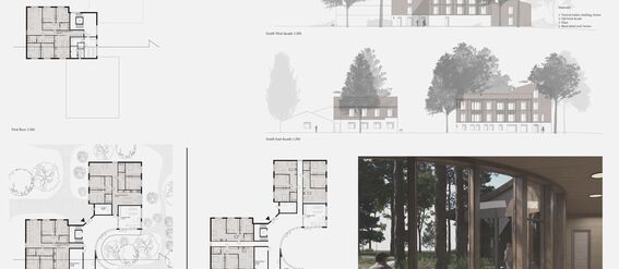 Architectural plans for Building B with floor layouts and  facade drawings, including a rendering from the hall showing outdoor spaces through large windows.