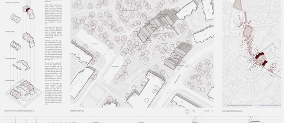 Architectural design sheet featuring building plans, diagrams, and detailed site maps with trees. Pictures are in shades of grey and red.