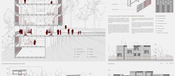 Architectural plan showing building elevations, sections, and facades with red figures indicating human presence and activity.