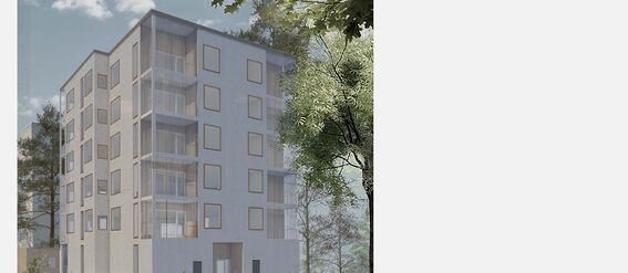 A modern five-storey apartment building surrounded by trees and greenery, under a cloudy sky.