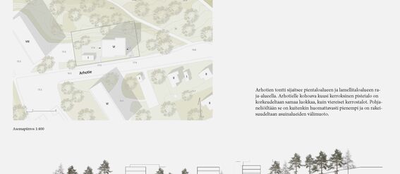 A map showing plot areas with buildings, streets and trees, along with section view of structures and trees.