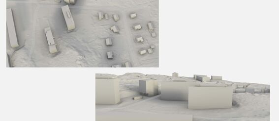 3D model of a terrain with several buildings and roads. The model is rendered in shades of white and grey.