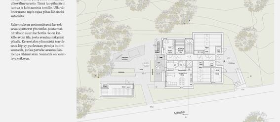 Architectural floor plan of a residential building surrounded by trees. Rooms are labelled, and paths lead to entrances. Picture is in shades of green.