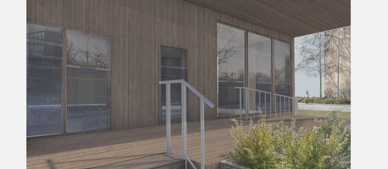 A wooden terrace with large glass windows, metal railings, and plants in a planter box. Trees and buildings are visible outside.