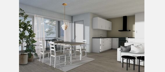 A modern open-plan kitchen and dining area with white furniture and large windows. A potted plant is next to the dining table.