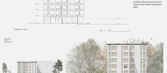 Architectural plans of a multi-storey building, showing sections and elevations with trees in the background.