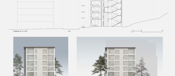 Building architectural drawings showing front and side elevations and a sectional view, with trees included for scale.
