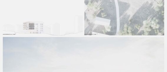 Architectural illustration of a multi-storey building on Kettutie 13, Helsinki. The design includes green spaces and pedestrian paths. Including a map showing the location and text section.