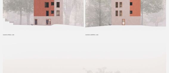 Three architectural elevation drawings of a multi-storey building with varied window sizes and a red roof.