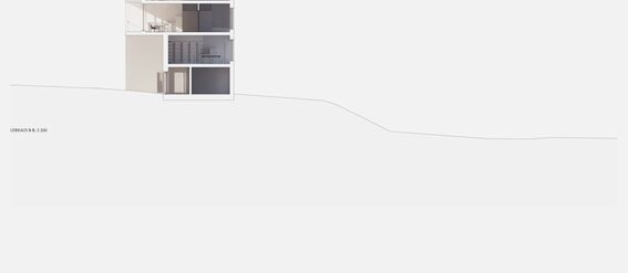 Architectural section drawings of a multi-storey building showing interior details including rooms and furniture.