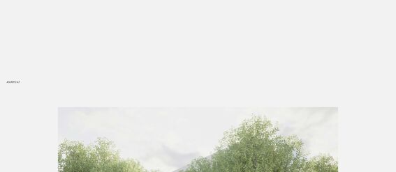 Image of a modern dining area with large windows and lots of natural light above an image of a building surrounded by trees.