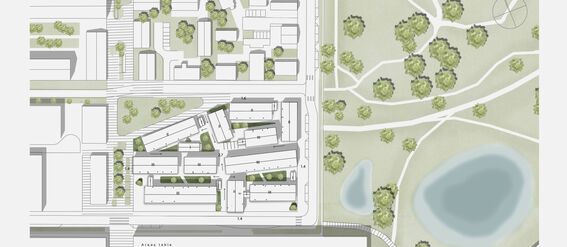 Site plan with residential buildings and nearby green area featuring walking paths, trees, and a pond. Areas table included.