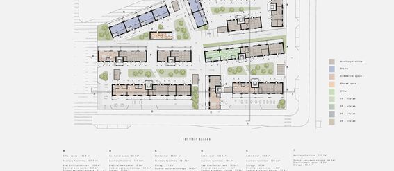 A detailed first floor plan showing various spaces, including different apartment types and auxiliary facilities,  commercial spaces, shared spaces and offices. Spaces are coded with colours and letters, and described in the text section. 