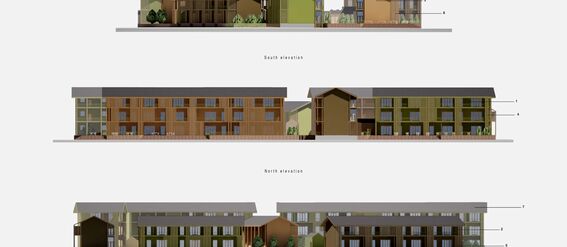 Architectural elevations of a residential complex from different directions with green and brown facades. 