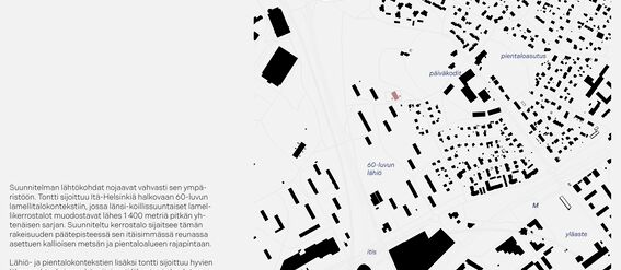 Map showing planning context with buildings and labels for various areas in East Helsinki. Scale bar indicates 1:2500. Including text.