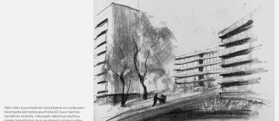A sketch of urban buildings with trees in the foreground. Text in Finnish about the design concept.