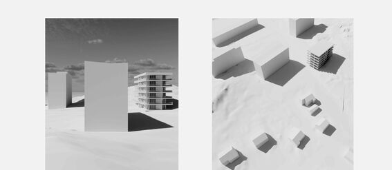 Two architectural models of urban buildings standing in uneven landscape. Pictures are black and white.