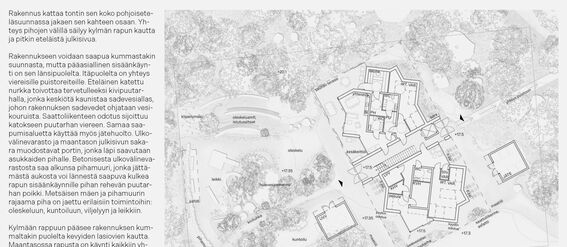 A black and white detailed architectural site plan of a ground floor with surrounding garden and paths. Including a block of text.